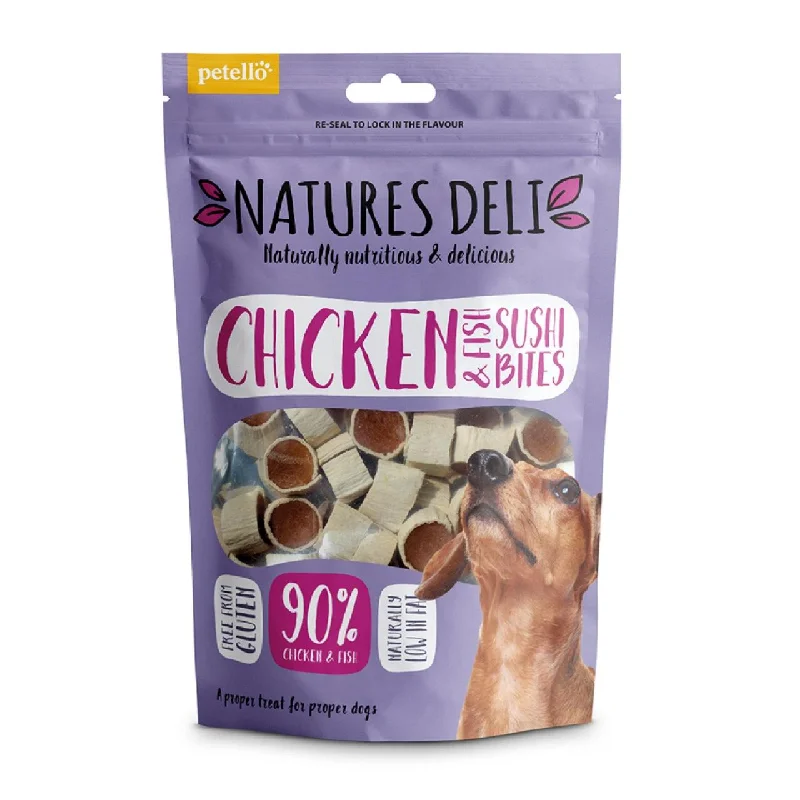 - Dog food improves immunityNatures Deli Chicken and Fish Sushi Bites Dog Treats 100g