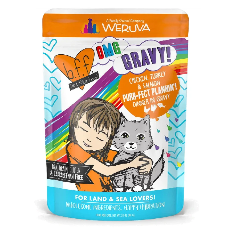    - Hairball control cat food  Weruva BFF OMG Purr-Fect Plannin' Chicken, Turkey & Salmon in Gravy Pouch 2.8oz