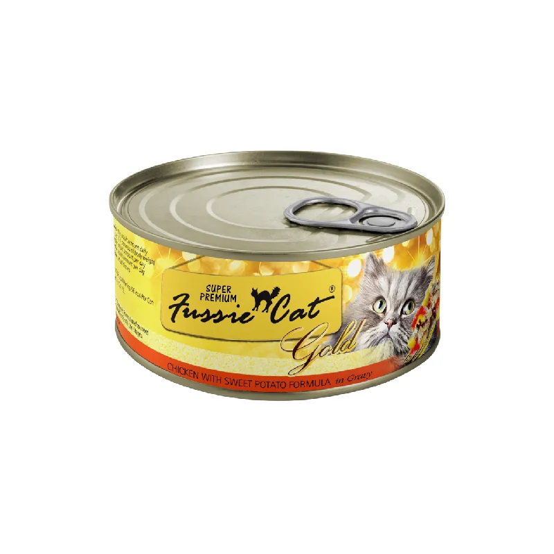    - Fish-based cat food  Fussie Cat Gold Chicken & Sweet Potato Can 2.8oz