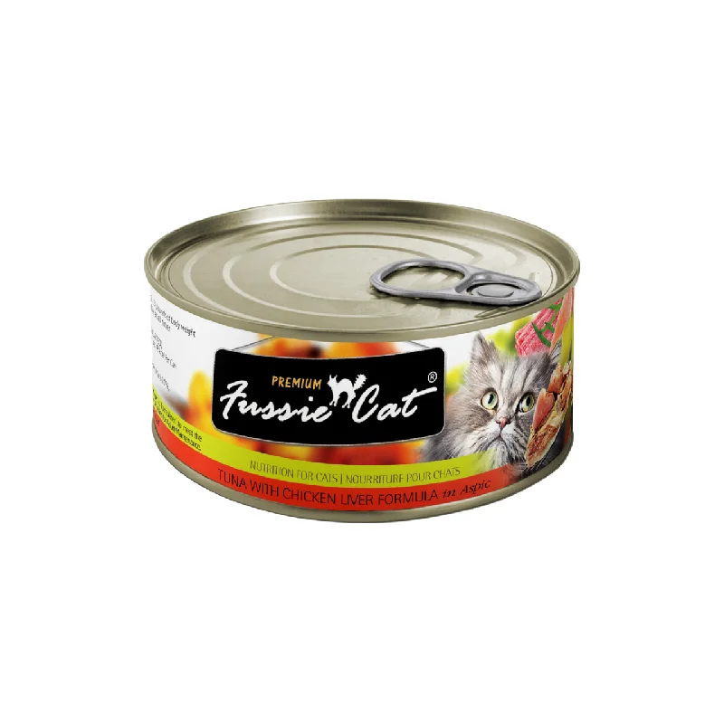    - Affordable cat food with good quality  Fussie Cat Premium Tuna & Chicken Liver Canned Food