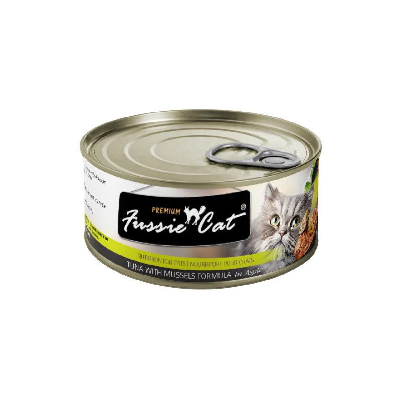  . **Brand-Related**  Fussie Cat Premium Tuna & Mussels Can 2.8oz