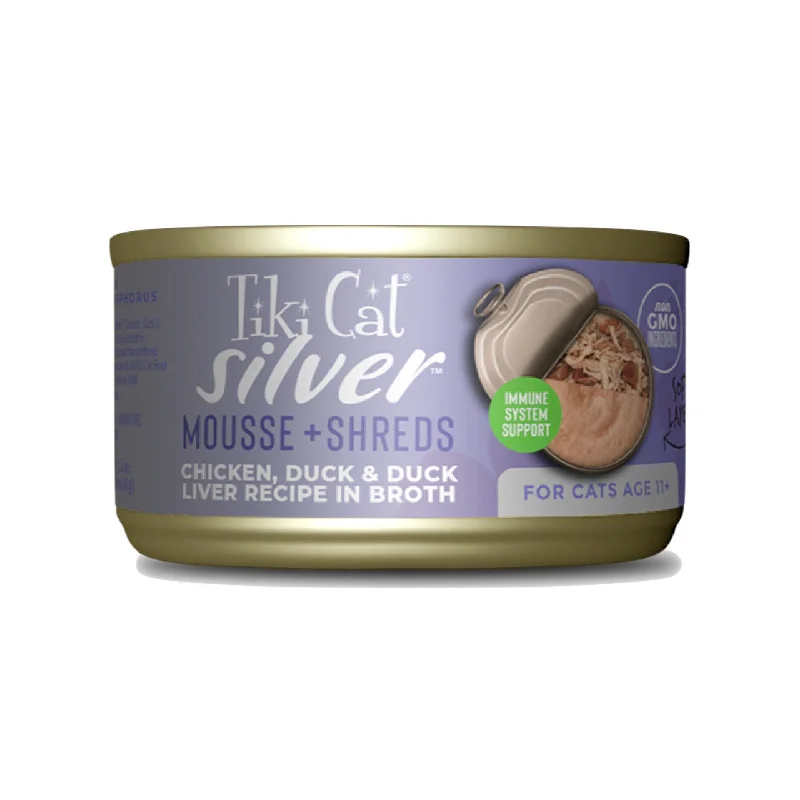    - Affordable cat food with good quality  Tiki Cat Senior Silver Mousse & Shreds Chicken Duck Recipe Can